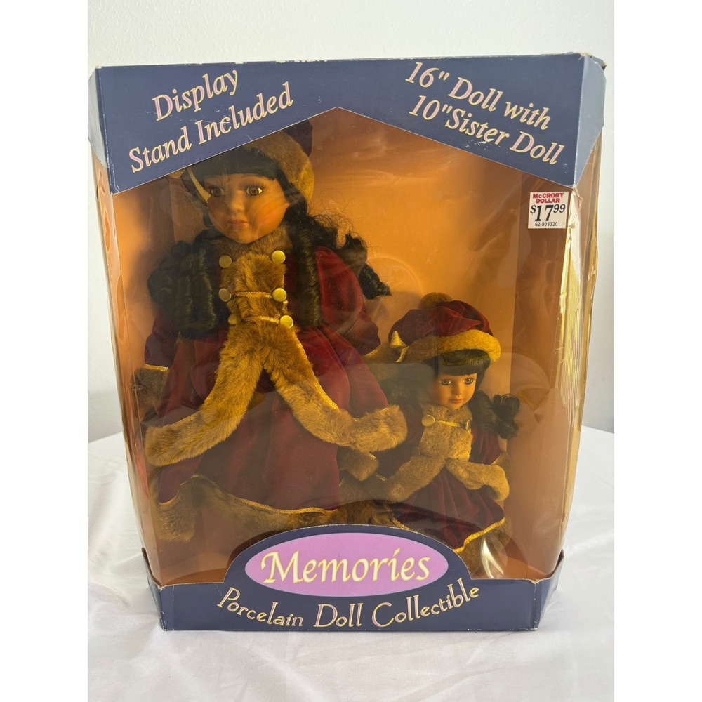 Vintage Memories Porcelain Doll Set 16in and 10in Sister Doll Burgundy Faux Fur